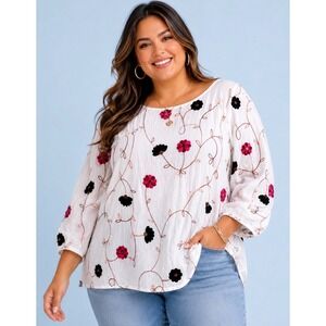 Parami Design White Floral Embroidered 3/4 Sleeve 3X Top Boho Garden Party